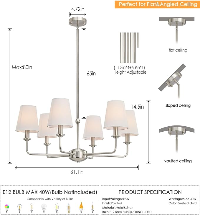 6-Light Brushed Nickel Chandelier with White Fabric Shades, E12 Base Modern Farmhouse Ceiling Light Fixture for Dining Room, Living Room, Bedroom, Kitchen, Foyer, Adjustable Hanging Rod.