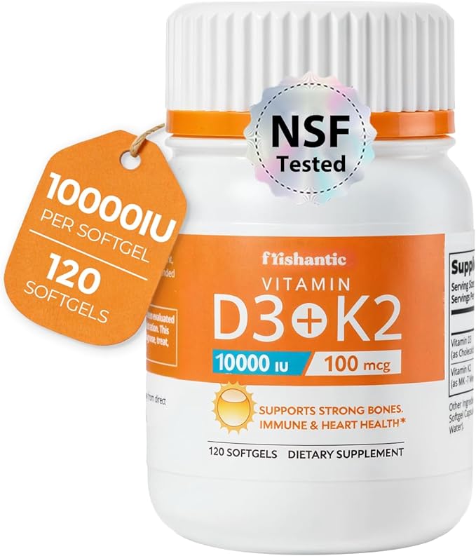 最大強度2-in-1 ビタミンD3 K2 10000 IU | 天然由来D3 | 研究室試験済み・検証済み | 高吸収フォーミュラ | K2 D3 ビタミンサプリメント - 120カプセル