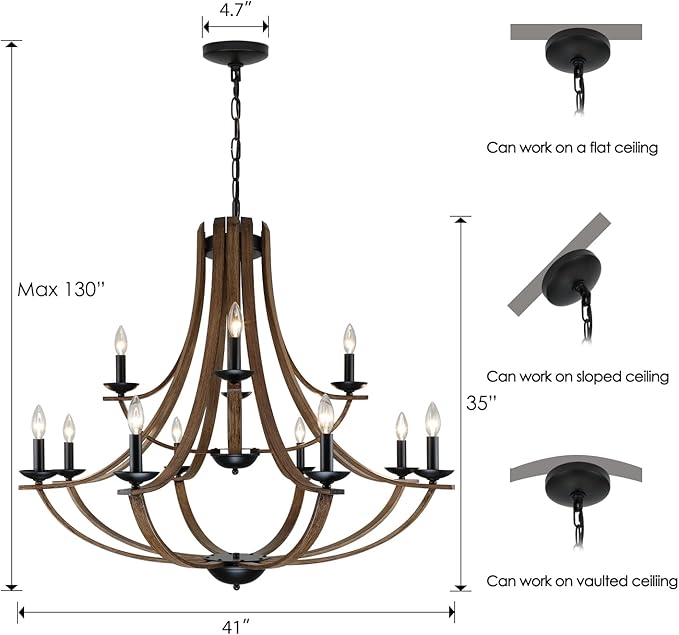 LAMPKEDUO Farmhouse Chandeliers for Dining Room Light Fixture, 2 Tier 12-Light 41" Adjustable Height Retro Faux Wood Texture Rustic Light Fixtures for Living Room Bedroom Foyer Entryway