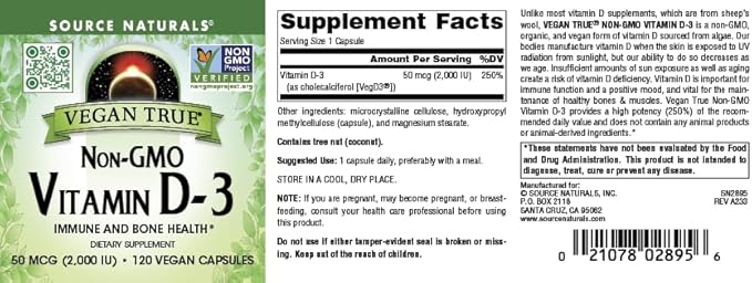 Source Naturals Vegan True, Vitamine D-3 sans OGM, Complément Alimentaire pour la Santé Immunitaire et Osseuse*, 2 000 UI - 90 Gélules