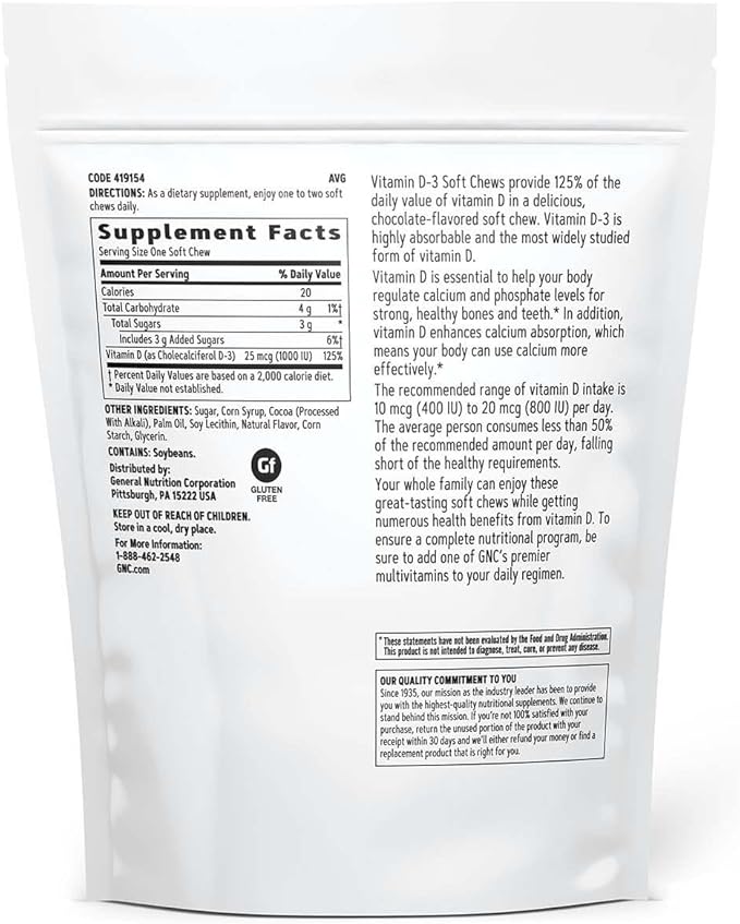 GNC Vitamine D-3 Chews tendres 1000UI - Chocolat | Apporte 125 % de la valeur quotidienne en vitamine D | 60 Chews tendres