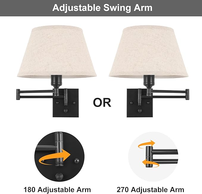 TRLIFE Dimmable Wall Sconce Plug in, Wall Sconces Set of Two Swing Arm Wall Lights with Plug in Cord and On/Off Dimmer Rotary Switch, 11.8" Large Beige Fabric Shade(2 Pack, 2 Bulbs Included)