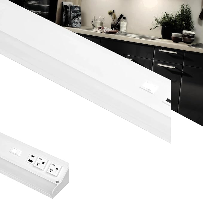 American Lighting LED Courant Plus Undercabinet Light 24 Inch 5CCT 90+ CRI 1200 Lumens with USB-A USB-C and 20A Receptacles White Finish Title 24 Compliant
