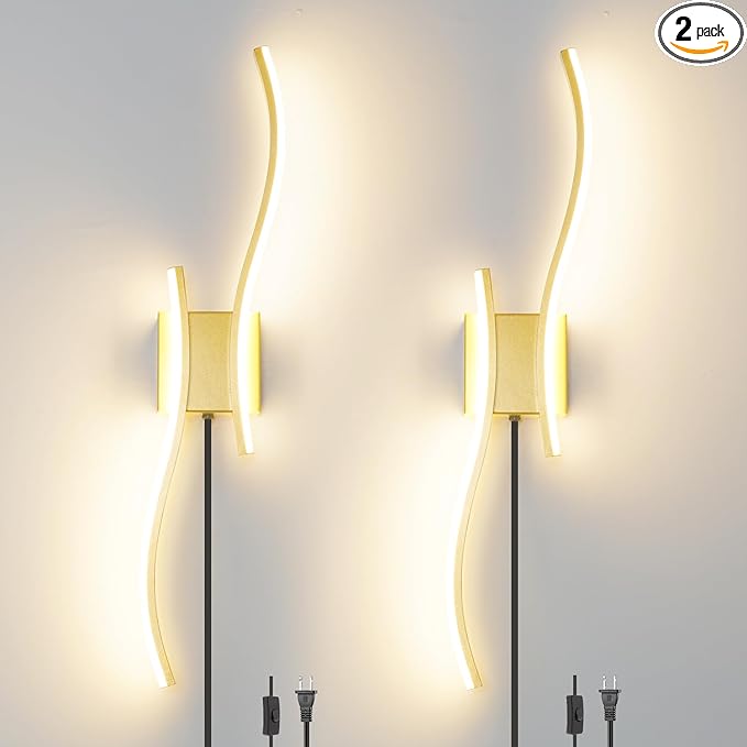Daunton Modern Plug in Wall Sconce Set of 2, Gold Dimmable LED Wall Light with Remote Control, 3CCT Adjustable & Memory Function, Timer, Plug in Cord Wall Lamp for TV Wall Living Room Hallway Bedroom