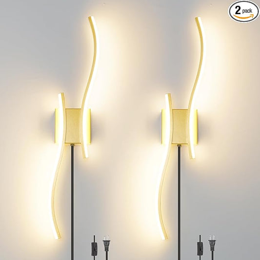 Daunton Modern Plug in Wall Sconce Set of 2, Gold Dimmable LED Wall Light with Remote Control, 3CCT Adjustable & Memory Function, Timer, Plug in Cord Wall Lamp for TV Wall Living Room Hallway Bedroom