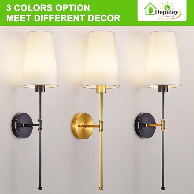 Depuley Battery Operated Wall Sconce: 27" Set of 2 Wireless Wall Lights with Remote for Bedroom - Rechargeable 15 Colors Black and Gold Wall Lamp for Living Room Hallway Decor