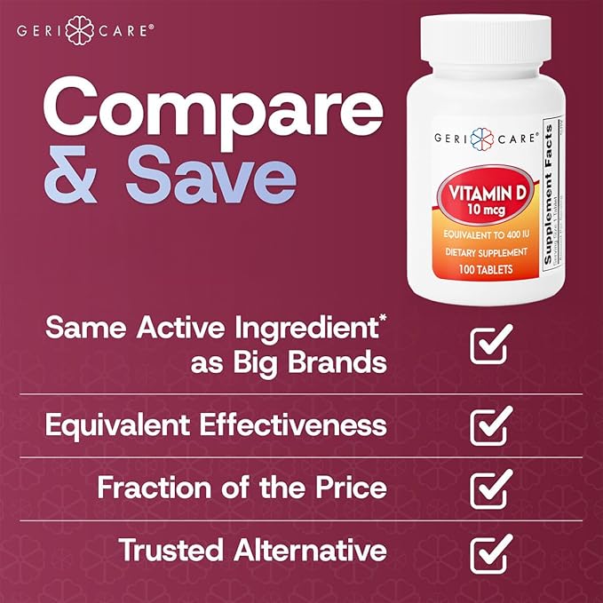 Comprimés de GeriCare Vitamine D3 (10 µg 400 UI) et Calcium (25 mg) – Complément Alimentaire Essentiel pour la Santé des Os, la Fonction Musculaire et le Soutien Immunitaire – 100 Comprimés (Lot de 1)