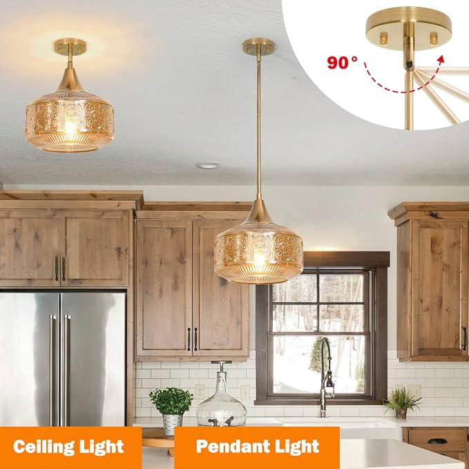 Retro Gold Pendant Lights Kitchen Island Lighting Fixture, Glass Pendant Light Large Brass with Large Thickened Amber Glass Shade, Classic Globe Pendant Light. Adjustable Hanging Light for Home Decor