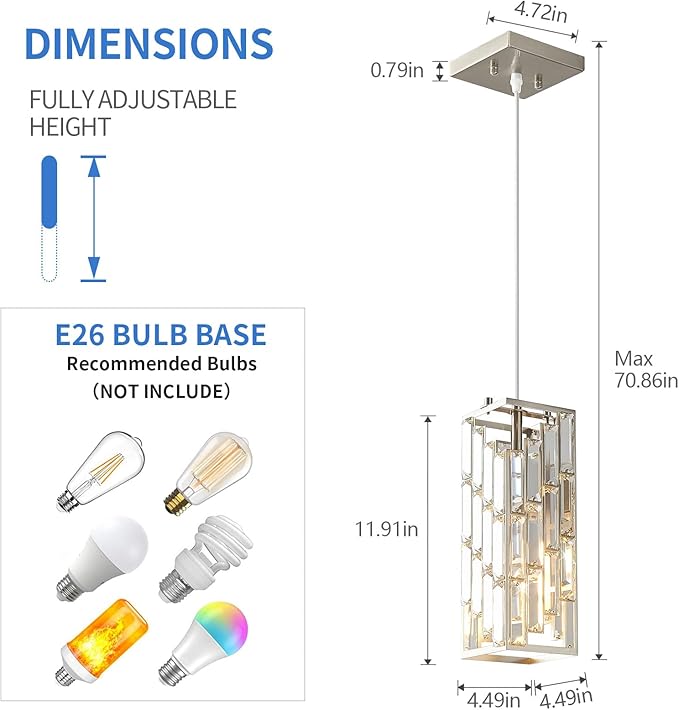 Brushed Nickel Pendant Lighting Modern Pendant Light, Mini Crystal Chandeliers,Adjustable Pendant Light Fixture for Kitchen Island Dinning Room Bedroom (1 Pack)