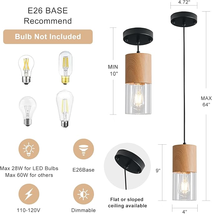 Modern Pendant Lights for Kitchen Island, Adjustable Pendant Light Fixtures with Raw Wood Grain, Industrial Clear Glass Pendant Lights for Dining Table Hallway Bedroom Living Room,1 Pack