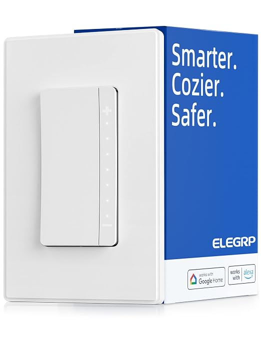 ELEGRP Single Pole Smart Dimmer Light Switch DPR10, 2.4GHz Wi-Fi Dimmer Switch Compatible with Alexa and Google Assistant, Needs Neutral Wire, No Hub Required, UL Listed, Matte White, 1 Pack