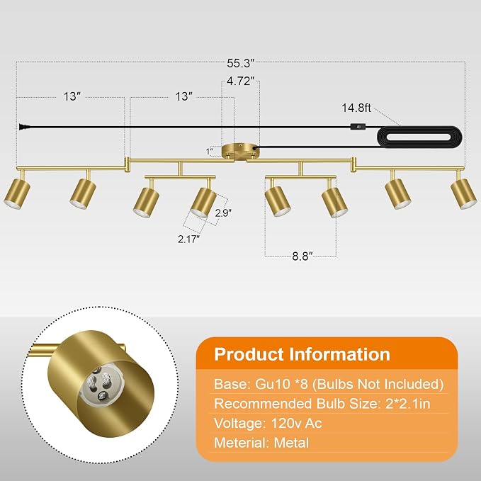 Plug in Track Lighting LED, Track Lighting Fixtures Ceiling, Gold 8-Light Kitchen Light Kit, Plug in Wall Light with 14.8ft Power Cord, Rotatable Ceiling Spotlight for Bedroom(GU10 Socket, NO Bulb)