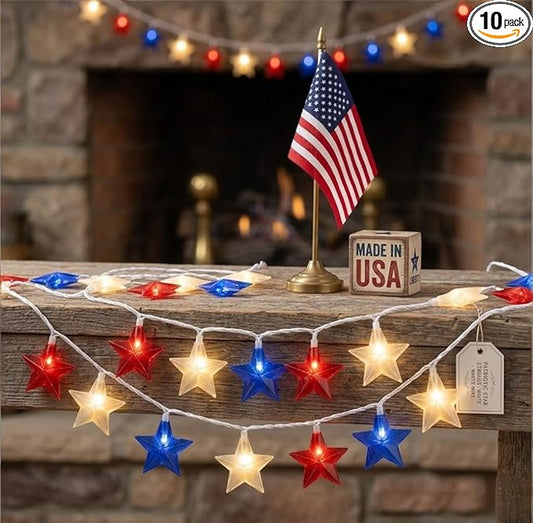 8.5Ft 10LED Red White and Blue Star String Lights, 4th of July Decorations Lights for Outdoor, Connectable LED Patriotic Lights Waterproof for Backyard Patio Flag Day Memorial Day Independence Day