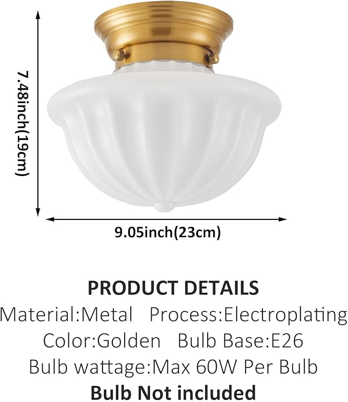 youngrender Schoolhouse Light Fixture Gold, 9" Modern Mid Century Semi Flush Mount Ceiling Light with Opal Milk Glass Shade for Bedroom, Kitchen, Dining Room, Bathroom, Hallway, Stairway, Entryway