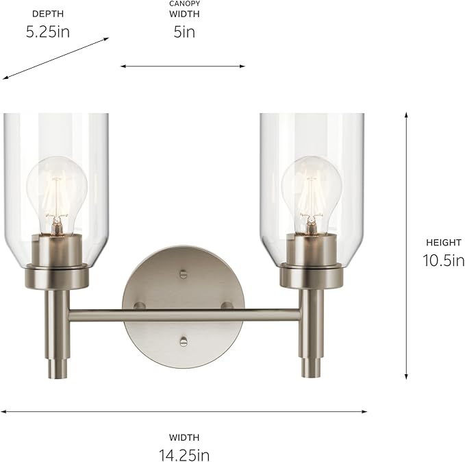 Kichler Madden 2-Light Bathroom Vanity Light Fixture with Clear Glass in Brushed Nickel, Modern Wall Mount for Single or Double Vanity Over Mirror (10.5" x 14.25"), 55184NI