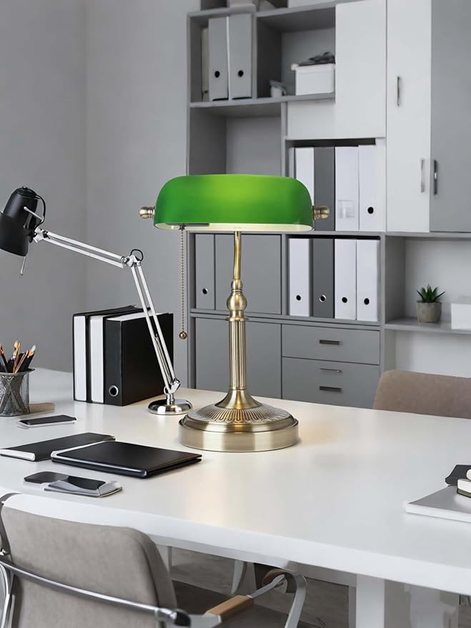 Glass Bankers Desk Lamp with Pull Chain Switch Plug in Fixture (Green-Simple, Simple Style)
