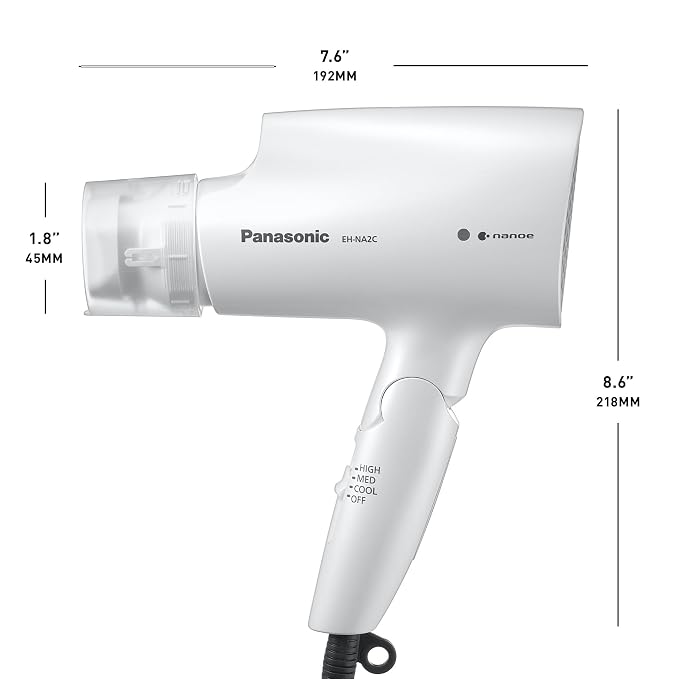 Panasonic nanoe Compact Hair Dryer EH-NA2C-W (White) - Japanese Nanoe Techonology, Foldable Travel Blow Dryer with Oscillating Quick Dry Nozzle, 1400W Lightweight Portable Hair Dryer, Anti-Frizz