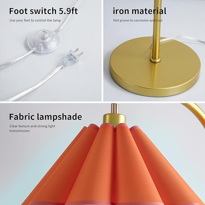 Floor Lamp with Pleated Linen Lampshade, Modern Flower Floor Lamp for Living Room Arc Standing Lamp, Gold Tall Lamp for Bedroom Office Dining Room, Bulb Included (Gold + Orange Color, 66.1IN)