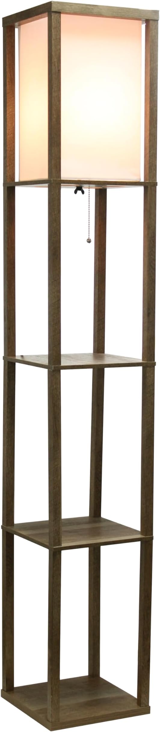 Simple Designs LF1038-WOD 62.5" Modern 3 Tier Standing Floor Lamp Etagere Organizer Storage Shelf with Linen Shade for Home Décor, Living Room, Bedroom, Office, Light Burnt Oak