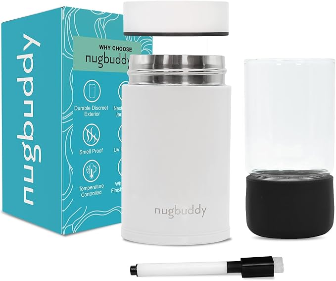 nugbuddy Mini Airtight Storage Container - Vacuum Sealed Insulated w Nested Glass Jar - UV Protection, Temperature Controlled Stainless - 100 ml (1/4 Oz)