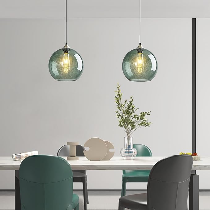 Modern 2-Pack Glass Globe Pendant Lights, Gray Green Modern Pendant Lighting for Kitchen Island, Glass Hanging Lamps for Dining Room Living Room Bedroom, Small 5.9 Inch Fixture (Bulbs Not Included)