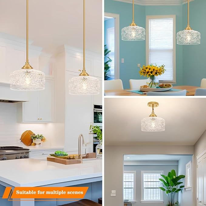 Gold Pendant Lights Kitchen Island, Vintage Bathroom Pendant Light With Clear Glass Shade, Adjustable Height Pendant Light - Dual Mount Ceiling & Hanging Fixtures With 90° Swivel For Home, E26 Bulb