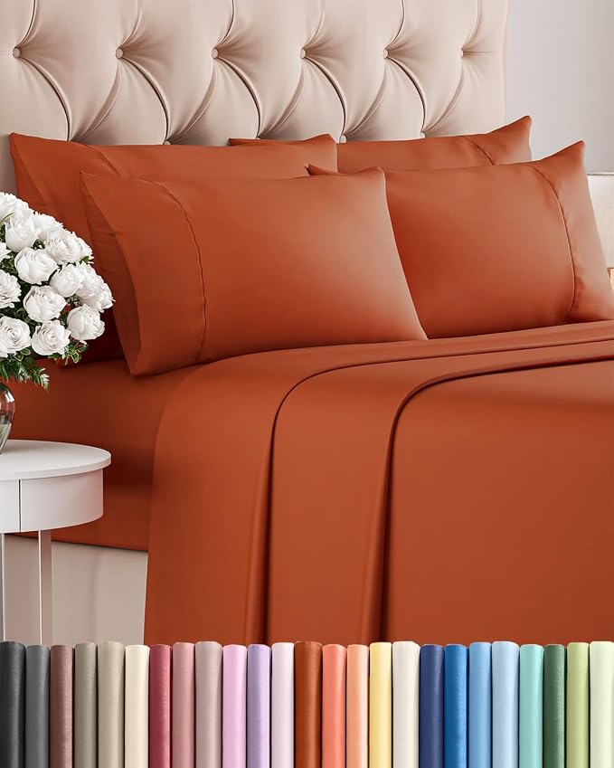 Queen 6 Piece Sheet Set - Comfy Breathable & Cooling - Ultra-Soft Hotel Luxury Bedding Set w/ 8-16 Inch Deep Pockets - 1 Flat & 1 Fitted Sheet & 4 Pillowcases - Wrinkle Free & Easy Care - Terracotta