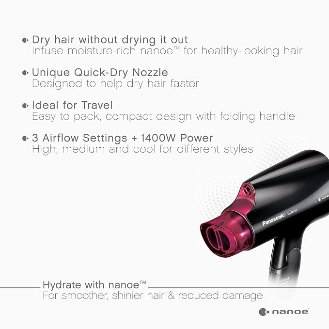 Panasonic nanoe Compact Hair Dryer for Healthy-Looking Hair, 1400W Portable, Folding Handling and Quickdry Nozzle for Fast Drying – EH-NA27-K (Black/Pink)
