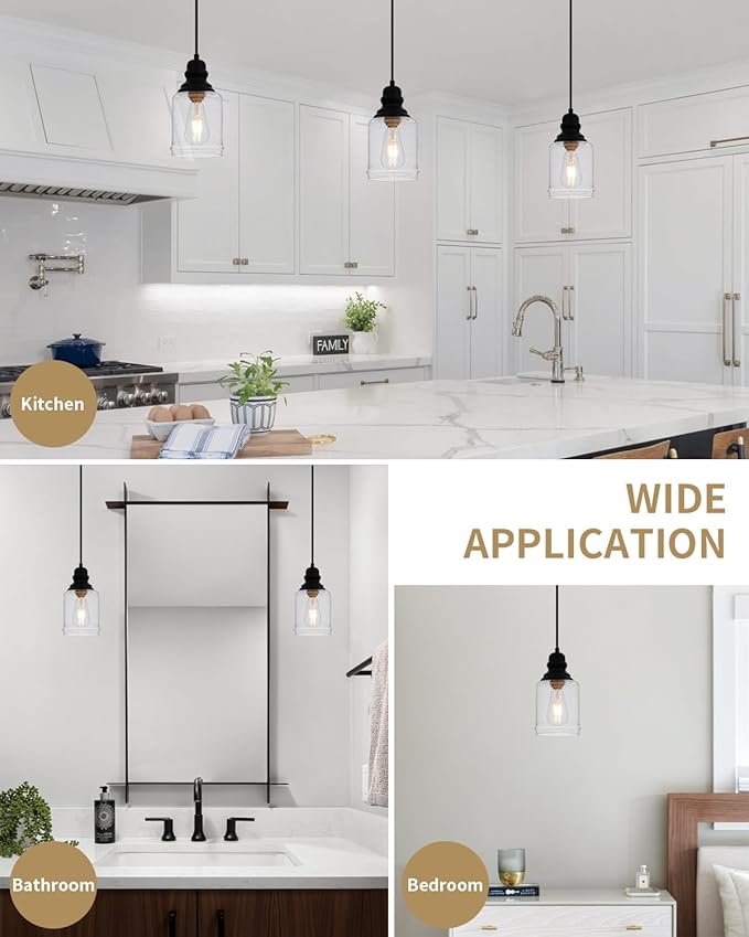 WILON Modern Glass Pendant Lights for Kitchen Island, 6.29" Mini Pandent Light Fixture with Seeded Glass Shade Black Farmhouse Pendant Lights E26 Base Hanging Kitchen Lights for Sink Dining Room