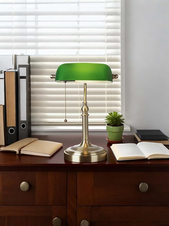 Glass Bankers Desk Lamp with Pull Chain Switch Plug in Fixture (Green-Simple, Simple Style)