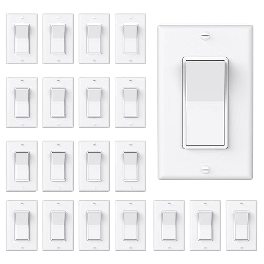 ThunderWay 3 Way Decorator Light Switch with Wall Plates, 15A 120/277V Decora Three Way Electrical Wall Paddle Rocker Switches Replacement, Residential Grade, UL Listed, Glossy White(20 Pack)