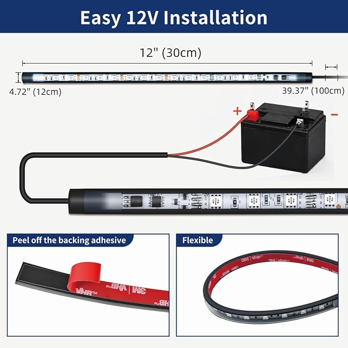 Boat Marine Led Strip Lights RGB, 12V 4 Pcs 12'' Waterproof Boat Interior Light, Built-in Controller, Night Fishing Light, Super Bright Boat Deck Courtesy Lighting for Pontoon Bass Boats Kayak