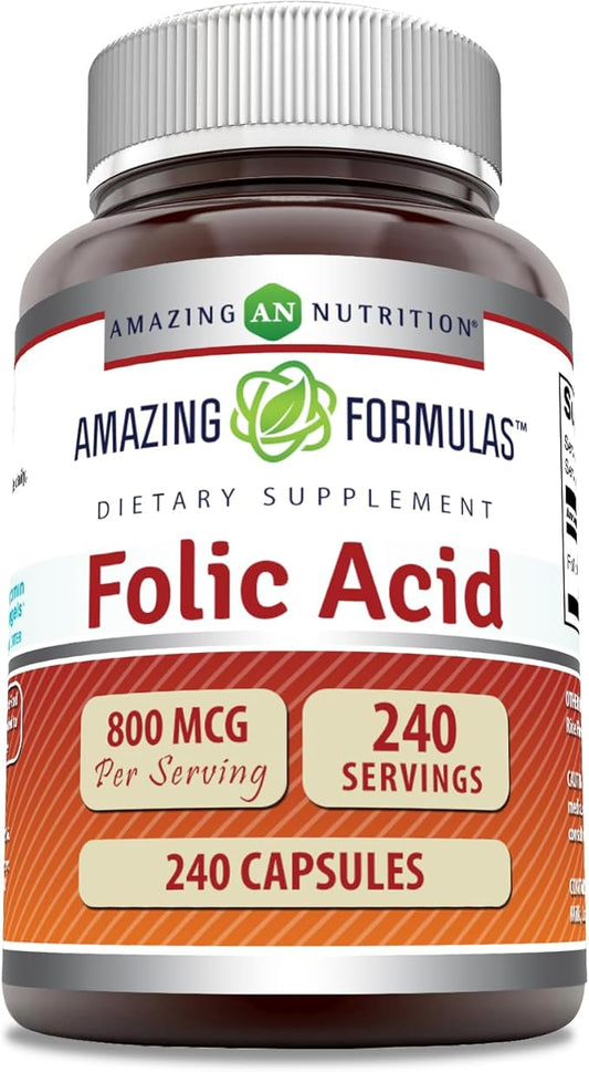 Amazing Formulas Folic Acid (Vitamin B9) 800 Mcg Supplement | Capsules | Non-GMO | Gluten-Free | Made in USA (1 Pack | 240 Count)