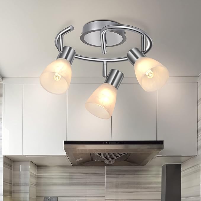 HiBay LED 3-Light Track Lighting Kit, Adjustable Ceiling Light Fixture Round, Modern Kitchen Spotlight with Glass Lampshade for Living Room Bedroom Hallway, E12 Base (Bulbs Not Included)