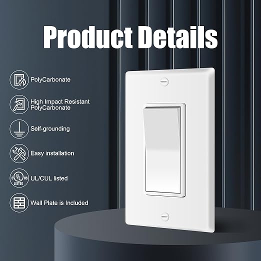 ThunderWay Quiet Single Pole Decorator Wall Light Switch with Wall Plate, 15A 120V/277V, On/Off Paddle Switch, Residential Grade - UL Listed, White (10)