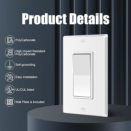 ThunderWay 3 Way Decorator Light Switch with Wall Plates, 15A 120/277V Decora Three Way Electrical Wall Paddle Rocker Switches Replacement, Residential Grade, UL Listed, Glossy White(10 Pack)