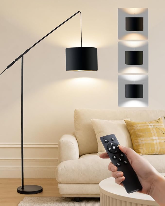 Arc Floor Lamp for Living Room, Dimmable Standing Lamp with Remote, Brightness & Color Temp Adjustable, Height Adjustable Arched Reading Light with LED Bulb, Black Tall Pole Lamp for Bedroom, Office
