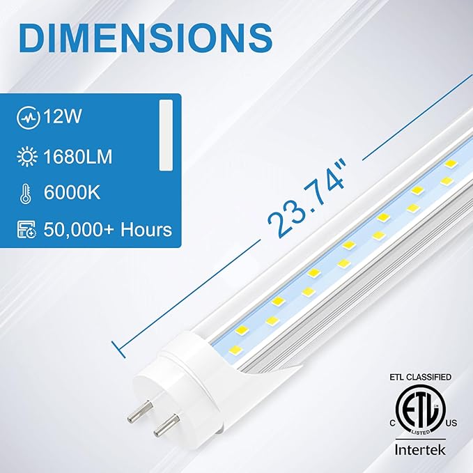 JESLED 2FT T8 LED Tube Light, 12W(30W Equivalent), 1680LM, 6000K, Ballast Bypass, 24 Inch F20T12 Fluorescent Bulb Replacement, Dual Ended, 24” Lighting Tube Fixture (12-Pack)