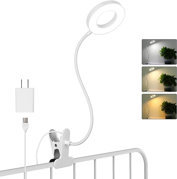 Woputne Desk Clip on Lamp for Reading Home Office, with 5V 2A Adapter, 10 Dimmable Brightness 3 Modes, Clamp Reading Light for Bed Headboard, Craft (White)…