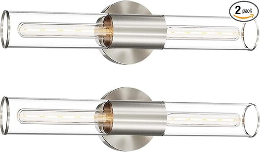 Bathroom Vanity Light Fixture, 2-Light Brushed Nickel Wall Sconce Lighting Fixture with Clear Glass, Indoor E26 Socket Silver Wall Lamp for Mirror Living Room Hallway, 2 Pack