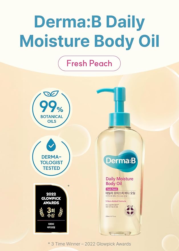 Derma B | デイリーモイスチャーボディオイル | 99%天然アルガン＆スイートアーモンドオイル | 乾燥性敏感肌用シャワーオイル | 軽くて長時間潤う | ピーチの香り付きスキンボディケアオイル | 200ml