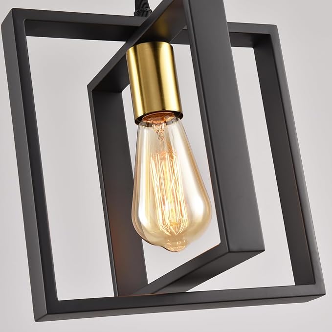 Black Pendant Lights for Kitchen Island Industrial Lantern Pendant Light Fixtures with Golden Lamp Cup, Farmhouse Adjustable Height Hanging Pendant Lighting