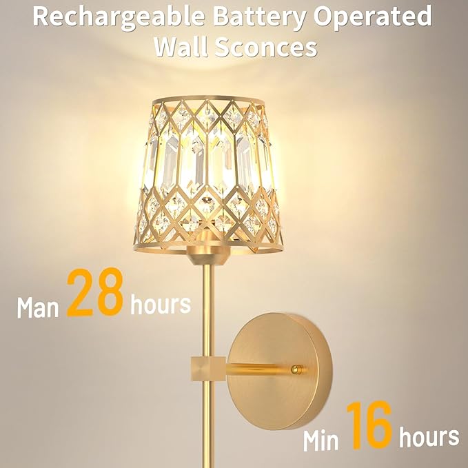 Gold Battery Operated Wall Sconces Set of 2, Crystal Rechargeable Wireless Wall Sconce Light Fixtures for Home Decor, Dimmable 12 RGB and 3CCT Wall Lamps with Remote for Living Room Bedroom Hallway