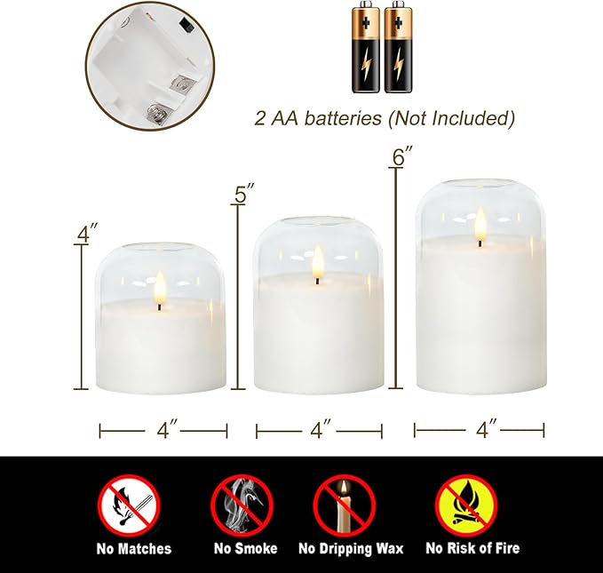 Homemory Glass Flameless Candles, Battery Operated Plliar Candles Realistic Flickering, LED Electric Light with Remote and Timer for Home, Christmas Decoration, White, Set of 3
