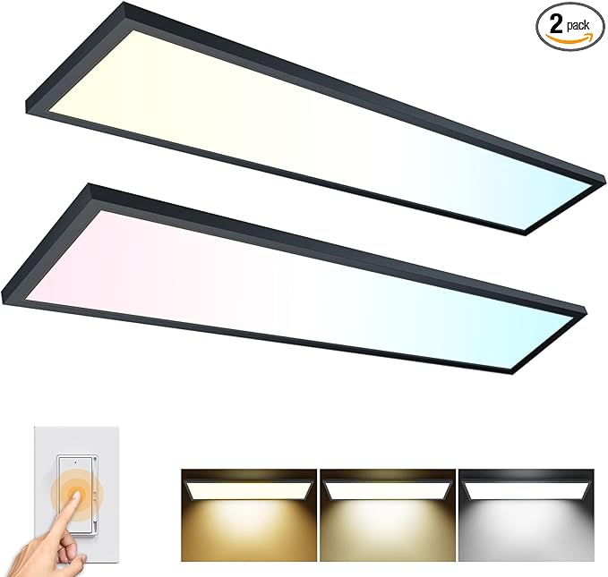 AIKVSXER 2PACK 1x4 LED Flat Panel Light Surface Mount Ceiling Light Black, 5500LM 50W TRIAC 10-100% Dimmable, 3000/4000/5000k Selectable 120V LED Light Fixture for Kitchen/Laundry/Garage