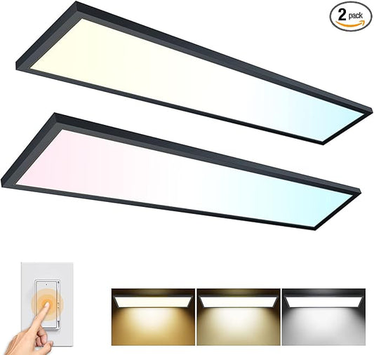 AIKVSXER 2PACK 1x4 LED Flat Panel Light Surface Mount Ceiling Light Black, 5500LM 50W TRIAC 10-100% Dimmable, 3000/4000/5000k Selectable 120V LED Light Fixture for Kitchen/Laundry/Garage
