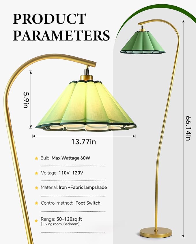 Floor Lamp with Pleated Linen Lampshade, Modern Flower Floor Lamp for Living Room Arc Standing Lamp, Gold Tall Lamp for Bedroom Office Dining Room, Bulb Included (Gold + Green, 65IN)