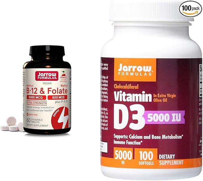 Jarrow Formulas Ultra Strength Méthyl B-12 5000 mcg & Méthyl Folate 800 mcg + P-5-P & Vitamine D3 125 mcg (5000 UI) - 100 doses (gélules)