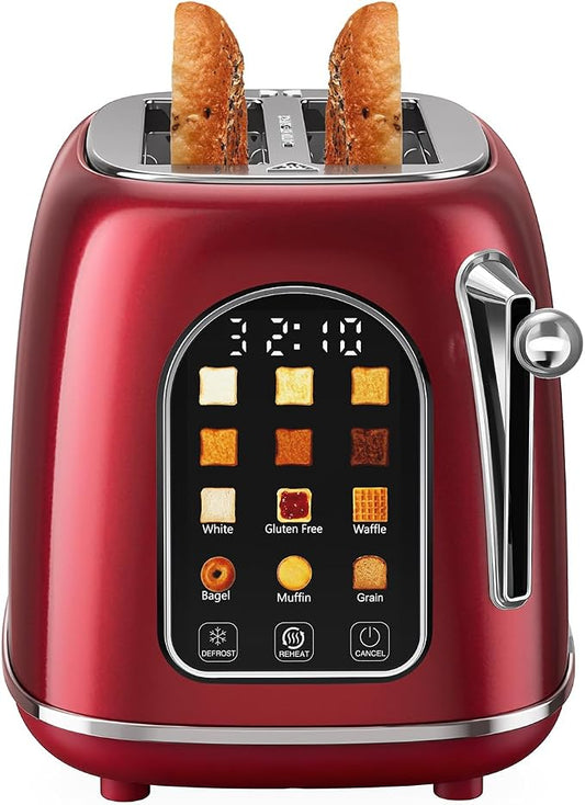 Mecity Toaster 2 Slice, Touch Screen Wide Slot Retro Toaster For Breads Bagel Muffin Waffle, House Warming Gift New Home, 120V 825W, Red Pearl