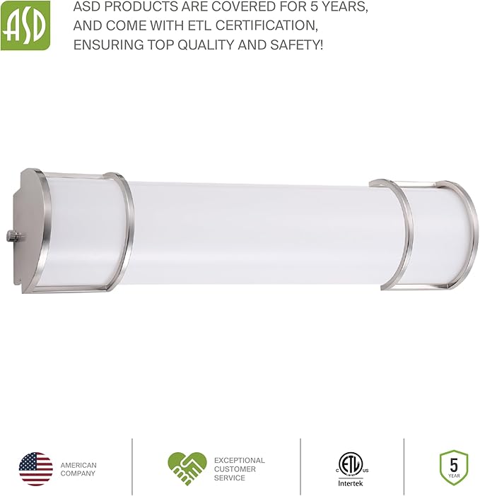 ASD LED 18" Vanity Flush Mount Light Fixture, Linear Bathroom Lighting Bar | 3CCT, Dimmable, ETL Listed | 20W 2300LM 3000-5000K 100-277V | Long Tube Bath Wall Sconce Over Mirror | Nickel, 4 Pack